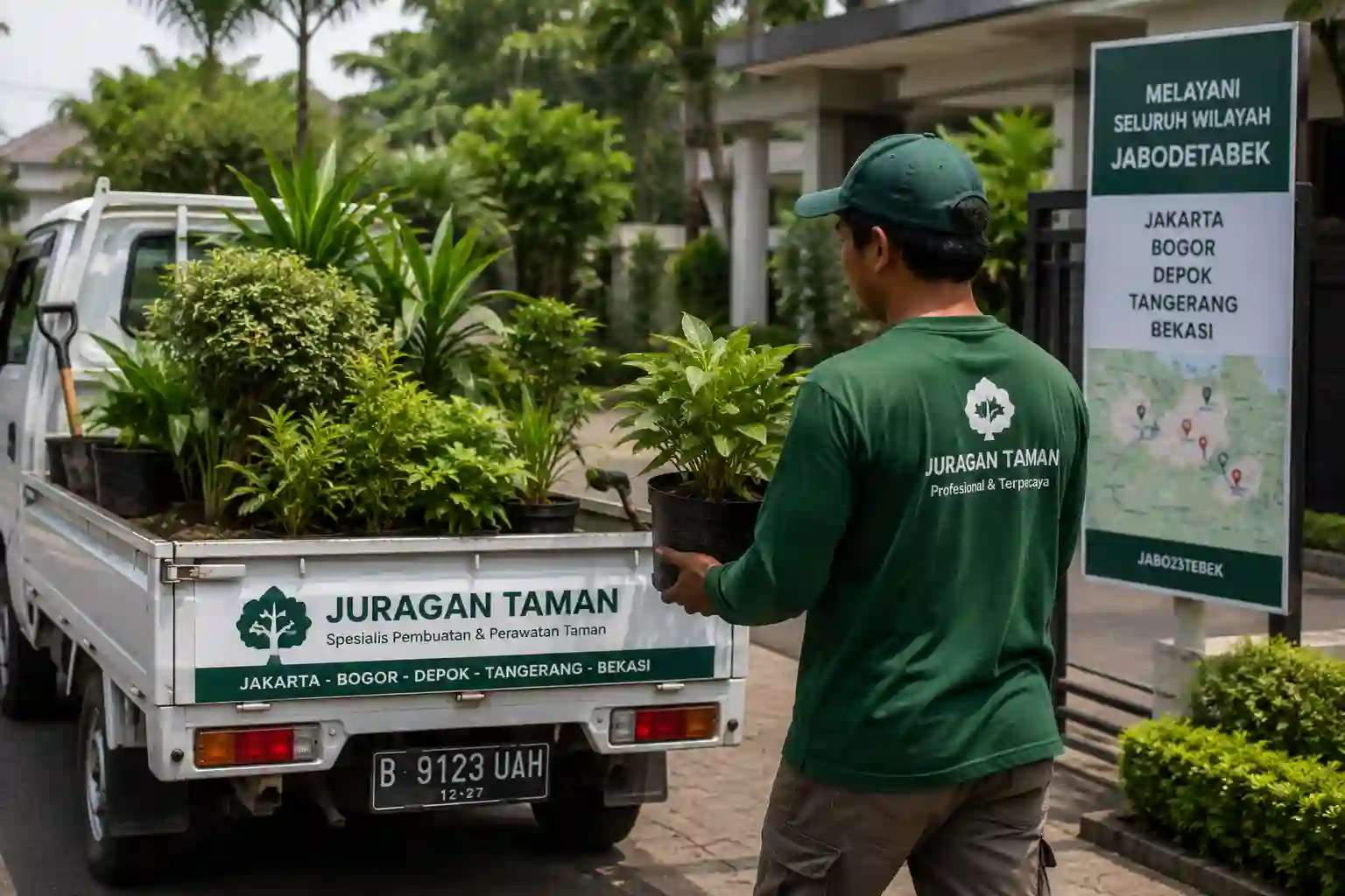 Tim Juragan Taman membawa tanaman dan perlengkapan menuju lokasi proyek