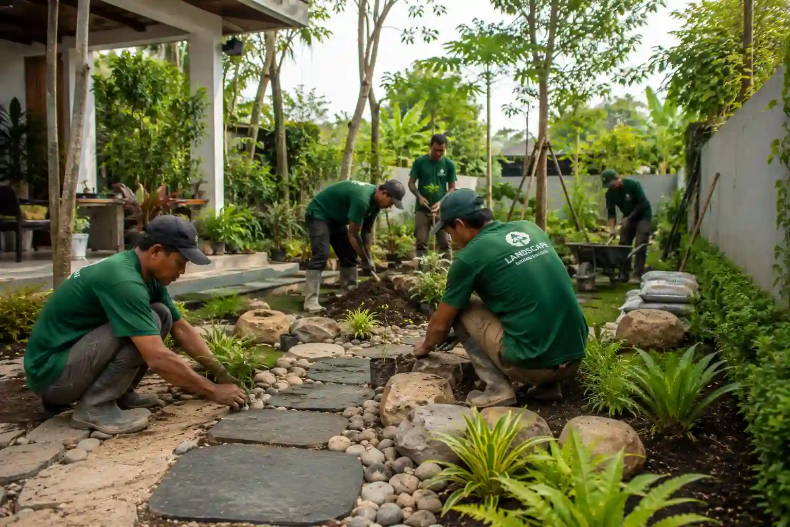 Tim landscape sedang mengerjakan pembuatan taman di area rumah