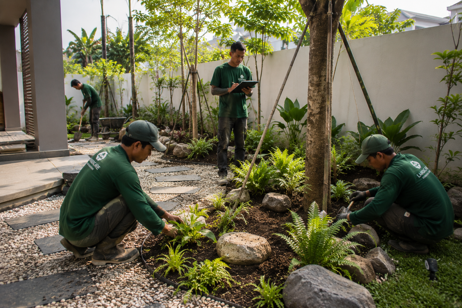 Tim sedang mengerjakan proyek taman sesuai tahapan yang telah direncanakan.